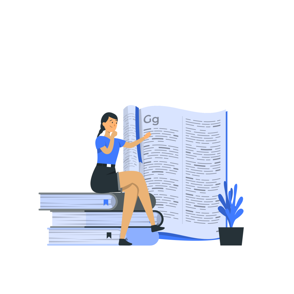 Illustration of a woman sitting on 3 books and reading a fourth book which is standing open.