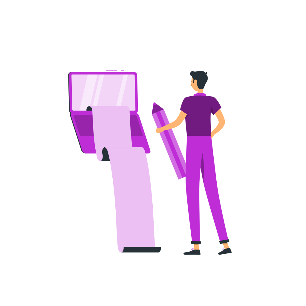 Illustration of a man with a pencil in his hand writing on a piece of paper coming out of the computer