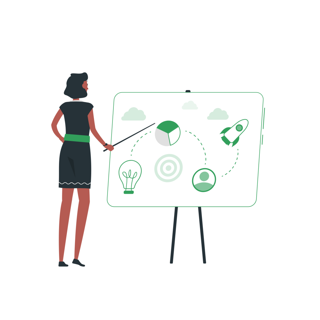Illustration of a woman with a board showing a plan to implement a project