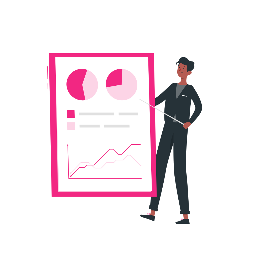 Illustration of a man presenting results graphs