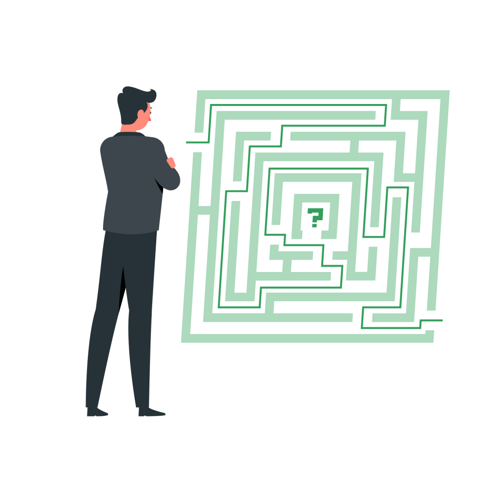 Illustration of a man looking for the solution to a labyrinth