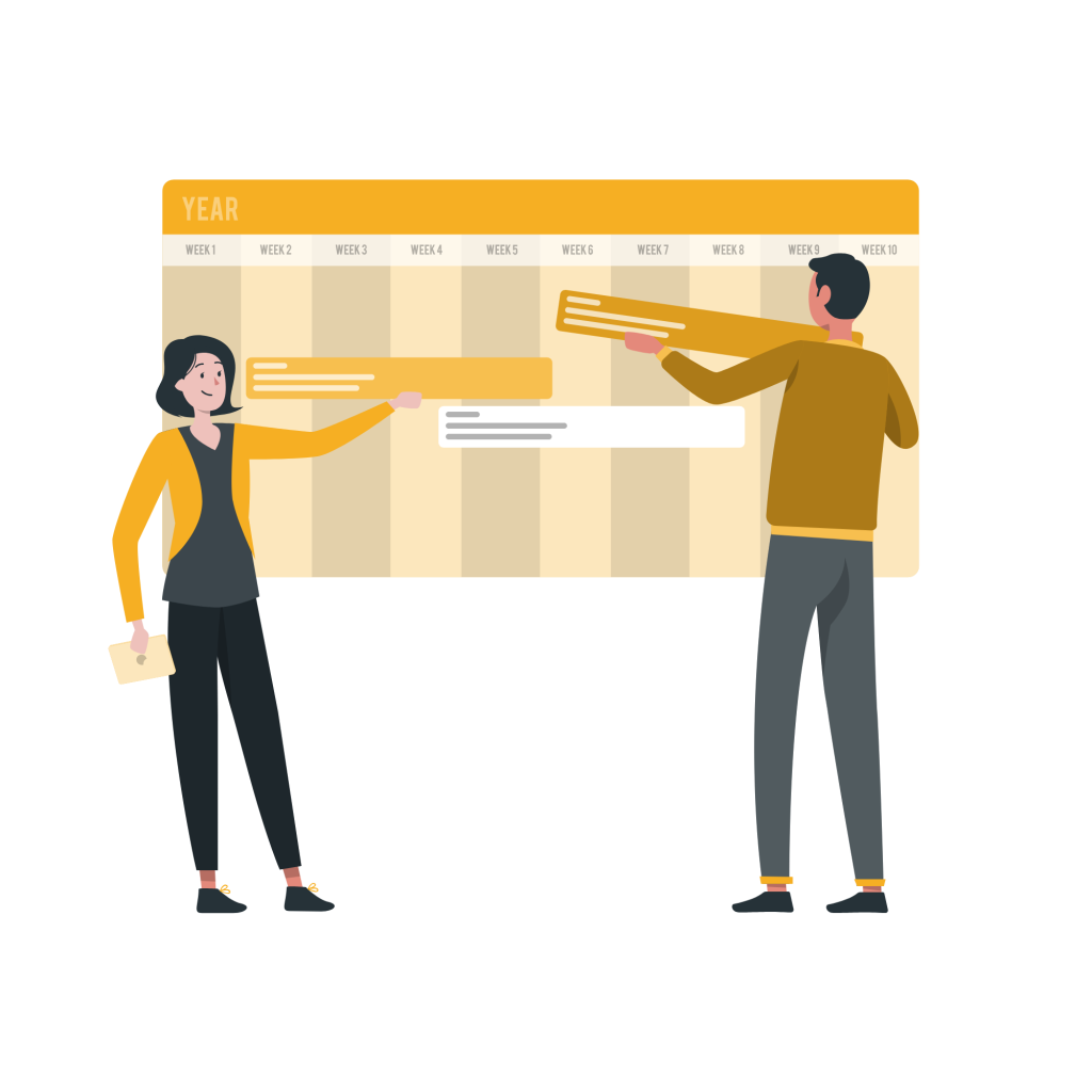 Illustration of a woman and a man pasting tasks on a timeline.