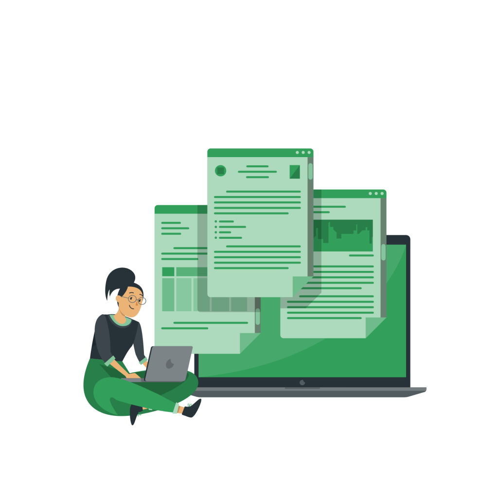 The illustration shows a woman with a laptop computer. On the computer screen there are 3 different web pages open.