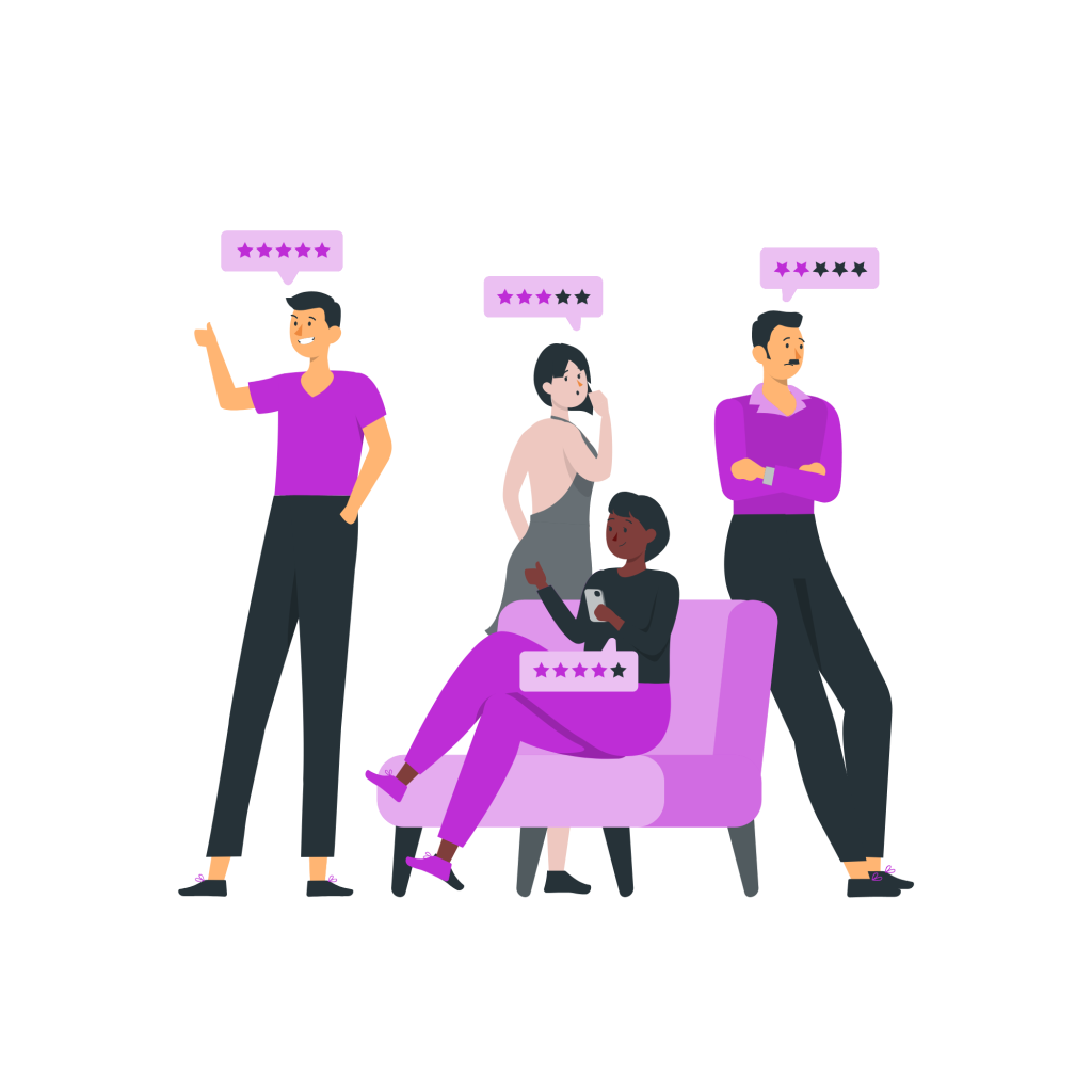 An illustration showing four people, each with a bubble with 5 stars and each giving a different rating.