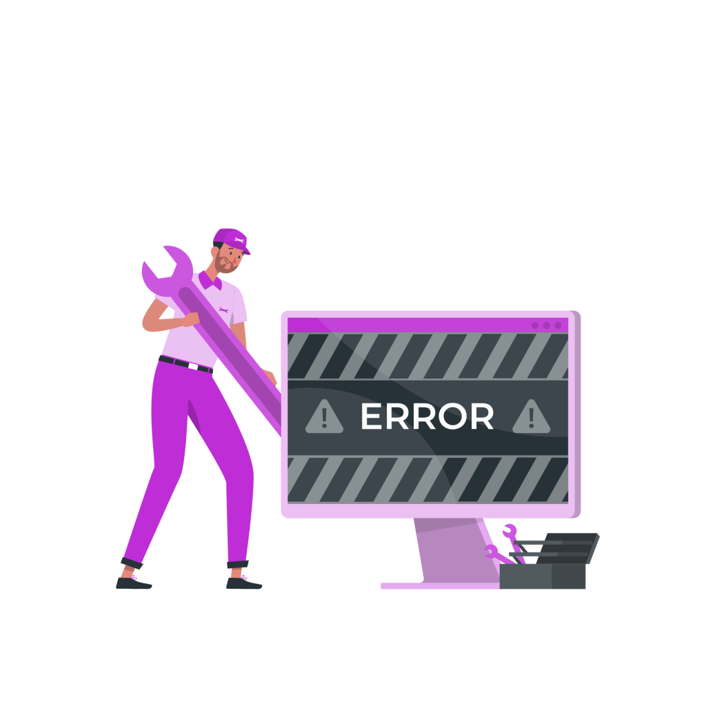 Illustration of a man working on a screen that says ‘Error’